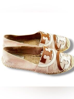 Tory Burch Poppy Logo Espadrille Flats Pink Colorblock Size 9 EUC